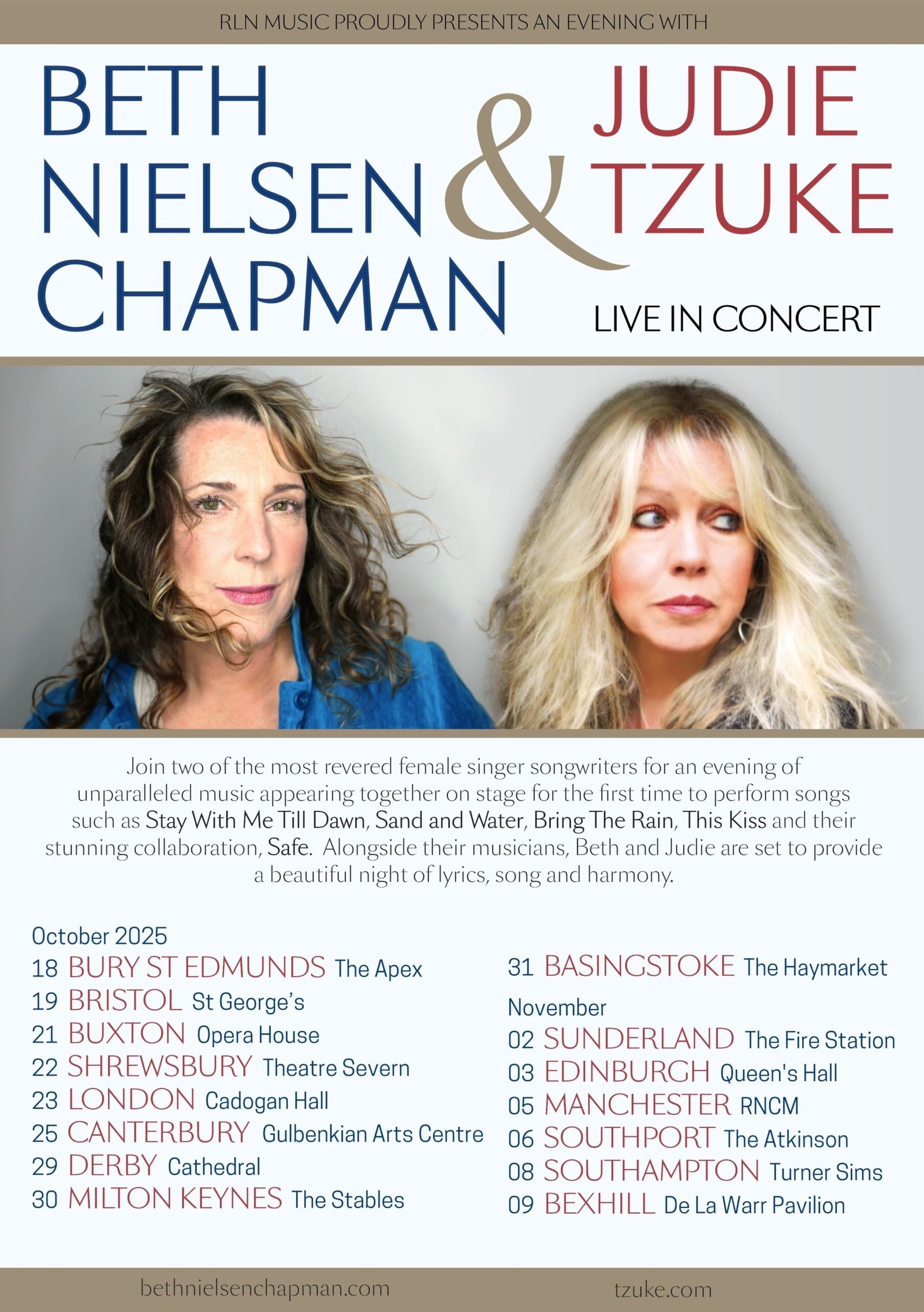 Beth Nielsen Chapman & Judie Tzuke UK Tour Flyer (C) RLN Music 2025 Beth Nielsen Chapman
